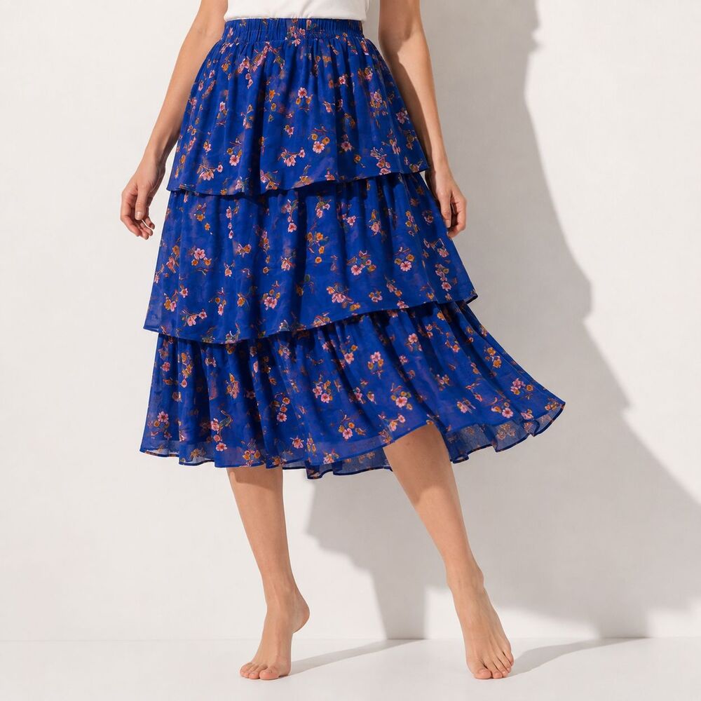 Draper James RSVP Skirt Womens L Blue Floral Tiered Layered Midi Cottagecore